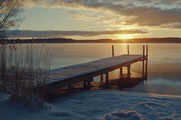 Fototapeta premium Frozen Lake Wooden Pier covered with Snow at Sunset with Clouds and Reflections