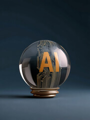 Crystal ball with circuits and AI chip inside concept illustration.