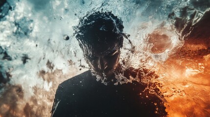 Fototapeta premium Abstract surreal art of a silhouette man with water and fire effect.