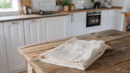 Natural linen cloth on rustic wooden table in kitchen