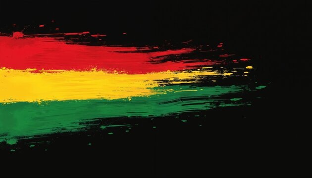 Abstract illustration of Rasta flag colors with brush stroke effect. Red yellow green paint strokes on black background. Black History Month design, concept. Visual art poster.
