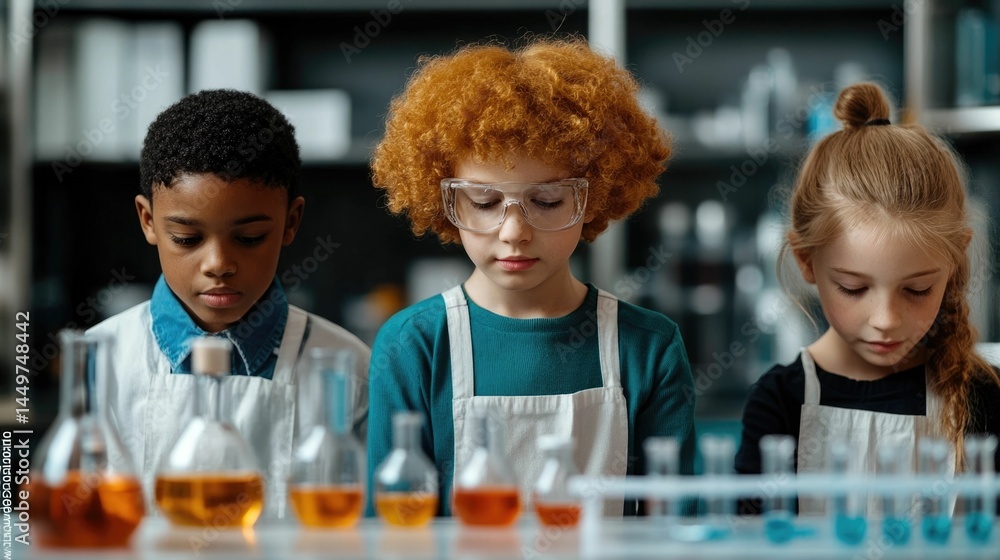 Poster mixed race children collaborating on a chemical reaction experiment in the science laboratory with t