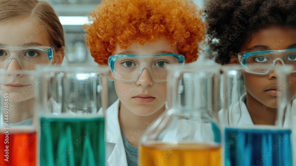 Poster mixed race students collaborating on a chemical experiment in the lab a group of diverse children wo