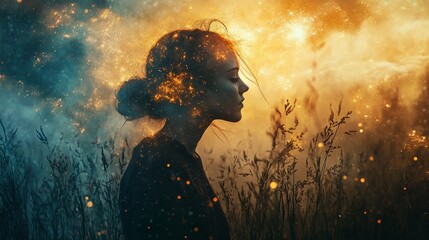Surreal illustration of a woman standing in a field of grass, surrounded by sparkling particles