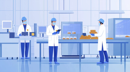 modern food production facility with workers lab coats and caps, focused quality control and processing. atmosphere is professional and efficient