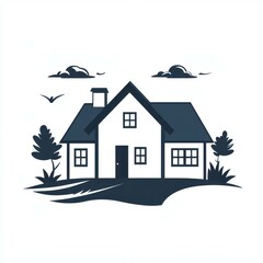 Modern house illustration with trees and clouds in a serene rural landscape