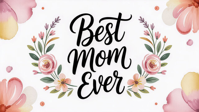 Hand-lettered ‘Best Mom Ever’ in flowing script with floral wreaths and watercolor splashes, white space for customization, trending Instagram post style 