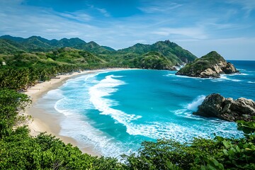 Obraz premium Stunning turquoise ocean waves crash on a pristine beach nestled between lush green mountains under a vibrant blue sky