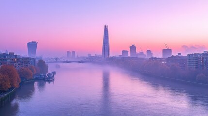 Naklejka premium Misty morning cityscape over a river in a European city.