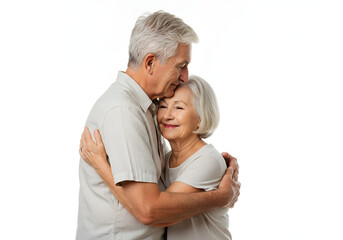 Senior couple happily hugging and embracing in casual light-colored shirts. Studio shot on a plain white background, showcasing their love and togetherness