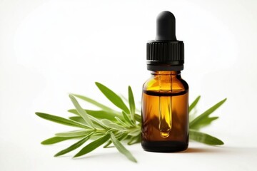 Amber glass dropper bottle with essential oil, black cap, and green leaves on white background. Clean and minimalistic aesthetic