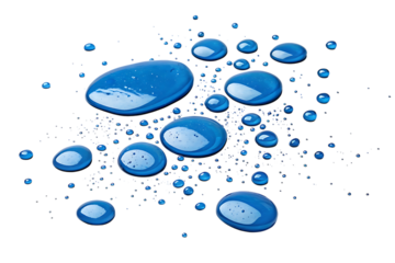 Blue water drops on dark surface on transparent background