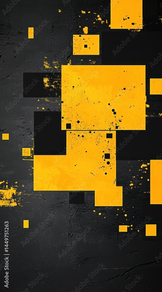 Aufkleber abstract geometric pattern with yellow and black squares on a dark textured surface