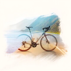 Fototapeta premium Road Bike on Coastal Highway with Ocean and Mountain Views. A picturesque image combining a road bicycle with a stunning coastal landscape.