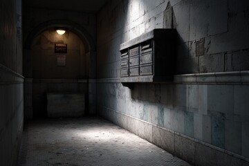 Obraz premium Empty corridor with vintage mailboxes in a dimly lit urban setting