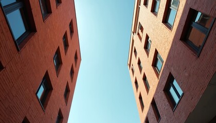 Obraz premium Minimalist urban architecture. Two red brick buildings with geometric patterns. Symmetry, clean lines. Modern design against blue sky. Contemporary structures with windows, facades, architecture.