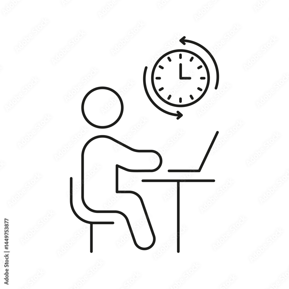 Poster person working at desk with clock line icon. time management, productivity, and remote work outline 