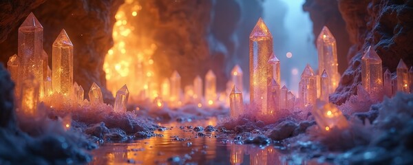 Mystical cave with sparkling crystal formations. Abstract shiny lights, glitter background. Luminous glowing crystals, fantasy art, gemstones, minerals, precious stones. Magical atmosphere, esoteric,