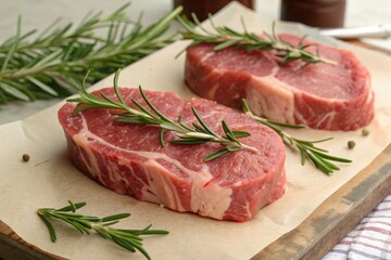Fototapeta premium Raw Meat Cuts With Rosemary Sprigs on Wooden Board Generative AI