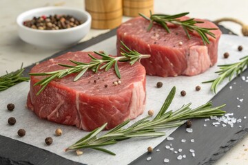 Fresh Raw Meat With Rosemary on Slate Board Arranged Attractively Generative AI