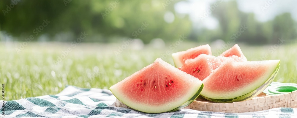 Aufkleber freshly sliced juicy watermelon arranged on a checkered picnic blanket with a vibrant nearby set aga
