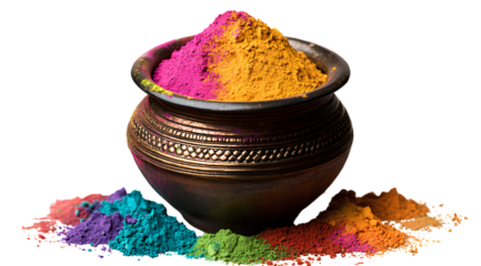  A traditional Indian pot filled with colorful powder Holi festival colors isolated on a transparent background PNG