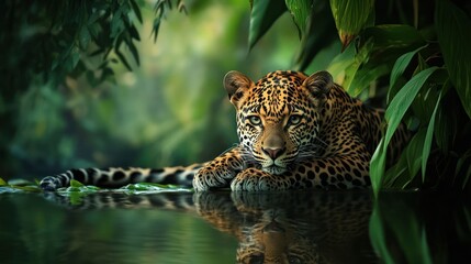 Jungle leopard resting by tranquil water.