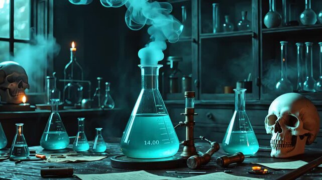 Mysterious laboratory setting with glowing chemical reactions, test tubes, skulls, and dark eerie lighting, creating a spooky scientific atmosphere.

