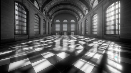 Fototapeta premium Interior view of a large, stately hall with checkered floor.