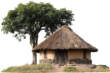  simple African hut with a thatched roof, traditional features and decorations, isolated on a transparent background