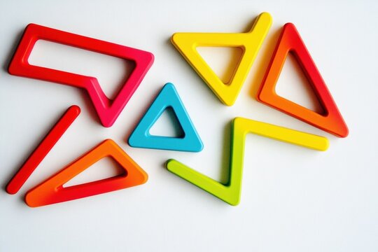 Colorful Geometric Shapes Forming a Triangle Composition in Red, Orange, Yellow, Green, Blue, and Purple on Plain Background