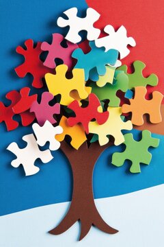 Colorful jigsaw puzzle tree illustration with vibrant colors on white background, conveying creativity and playfulness in geometric pattern