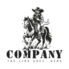 Hand-drawn cowboy riding a horse, vintage style, rough lines, brave and courageous expression