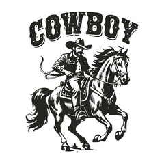 Hand-drawn cowboy riding a horse, vintage style, rough lines, brave and courageous expression