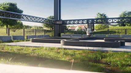 3d printing single-family house with concrete, timelapse video. New technology house building using a modern CNC machine. 3d render