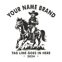 Hand-drawn cowboy riding a horse, vintage style, rough lines, brave and courageous expression
