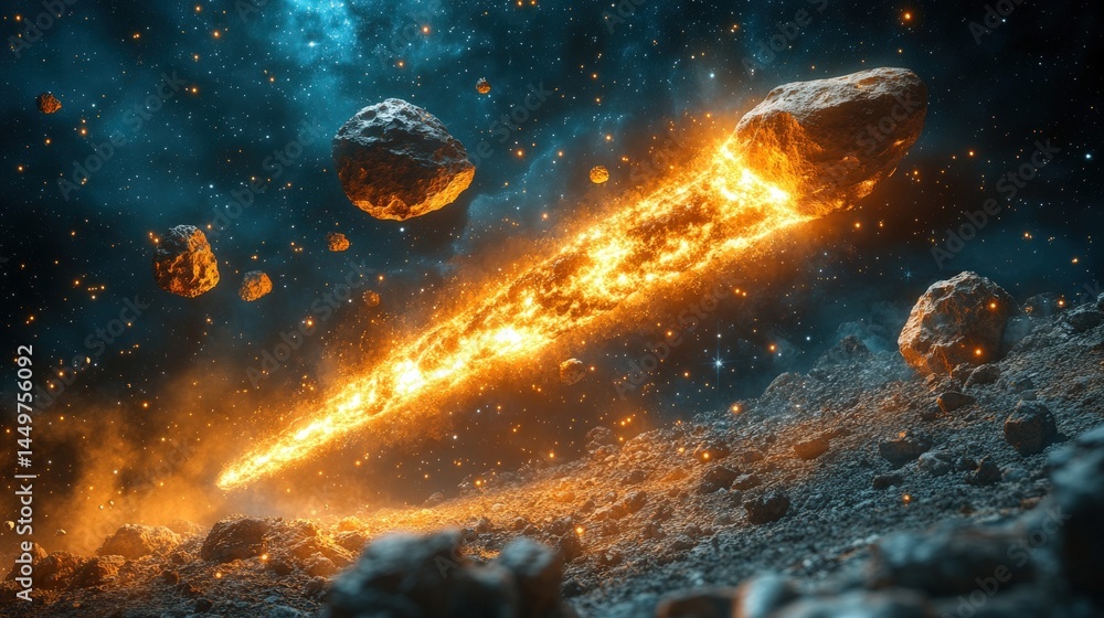 Poster a fiery celestial object hurtling through a cosmic debris field.