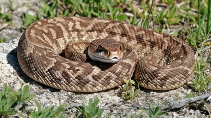 Obraz premium Beautiful Brown Snake Coiled on Ground Surrounded by Green Grass
