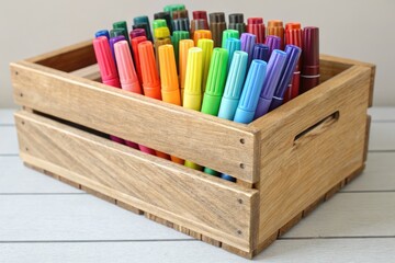 Colorful Pens Arranged Neatly in a Wooden Box on a Table Generative AI