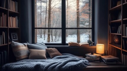 Cozy Room with Large Window, Bookshelves, and Wooden Bench in Dimly Lit Setting
