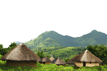 A small village with thatched houses in the foreground, set against a backdrop of green mountains, on a transparent background