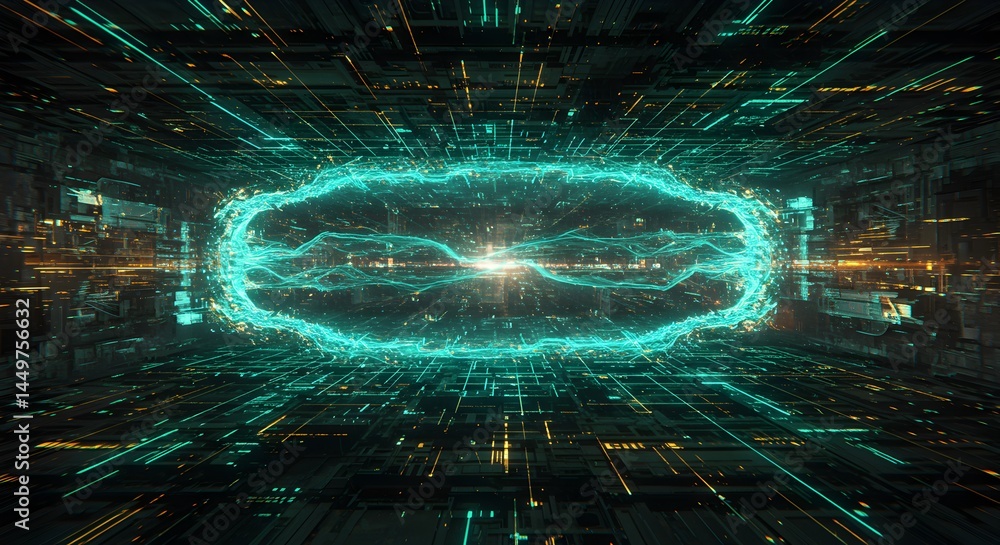 Poster abstract digital network glowing teal energy field in cyberspace. futuristic technology background w