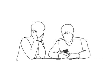 man sitting holding phone, man sitting next to him looking at it attentively - one line art vector. peeking at someone else's phone, waiting for attention while someone is busy