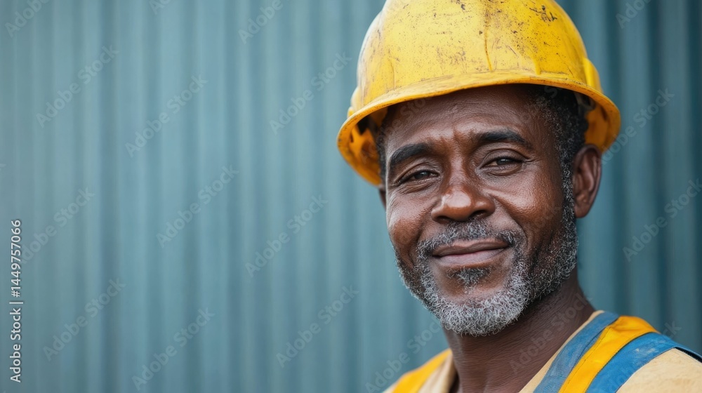 Poster portrait of a smiling male worker in a clean uniform standing on a construction site completing a re