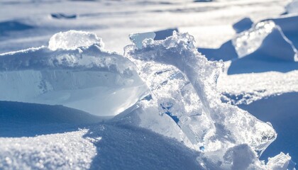 Crumbling ice with trapped air bubbles, melting under sunlight.