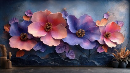 Large paper flowers wall art, interior design, modern room, textured background, home decor