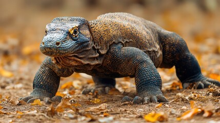Fototapeta premium Close-up of a large Komodo dragon in a natural habitat.