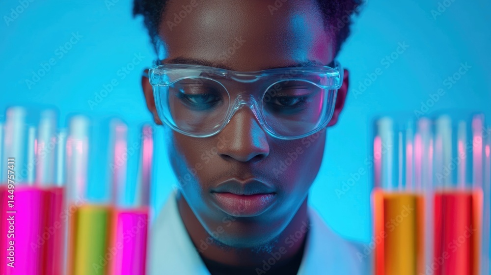 Poster a young student wearing a lab coat is carefully mixing various colorful liquids in a series of test 