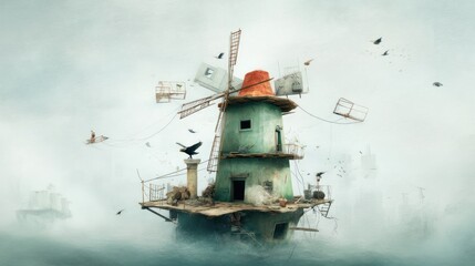 Fototapeta premium Floating windmill, surreal, foggy