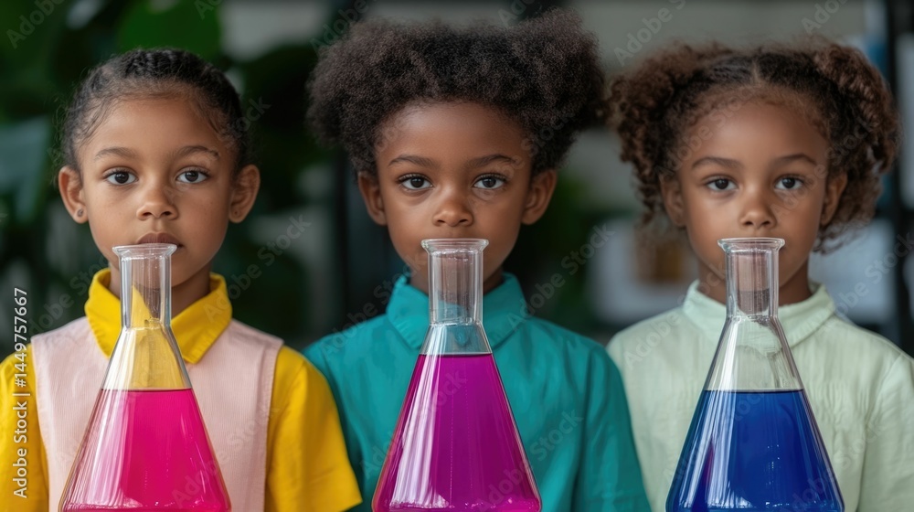Poster a group of mixed race children engaged in a hands on chemistry experiment mixing colorful liquids in